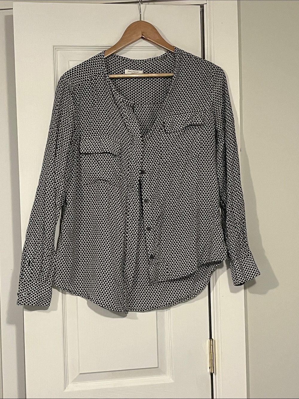 Equipment Black and White Geometric Print Silk Button-Down Blouse